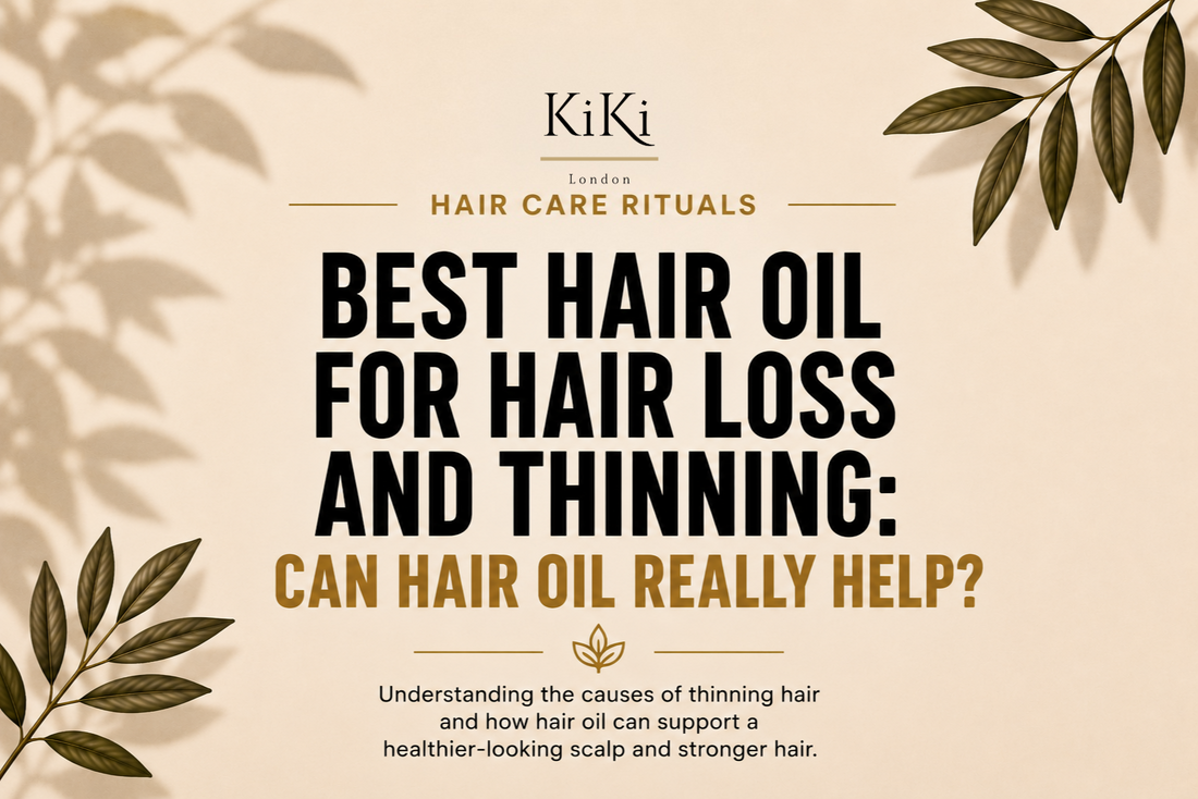 Guide explaining hair oil for hair loss and thinning by KiKi London.