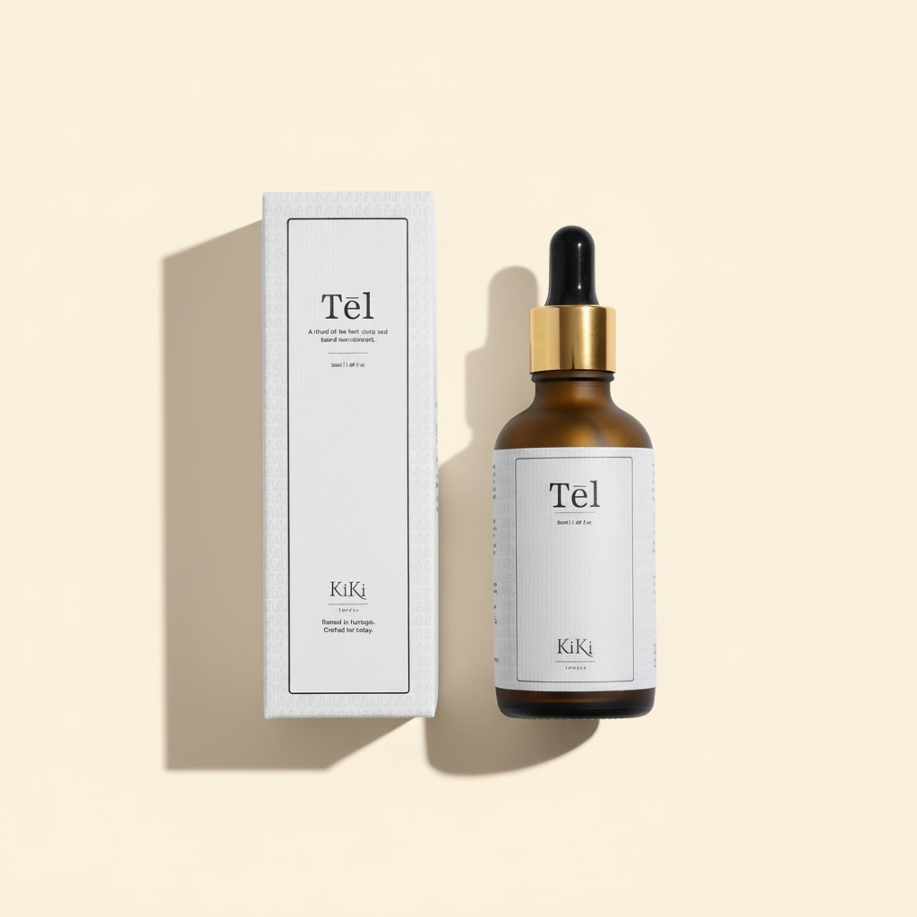 Tel hair oil bottle and packaging on a beige background