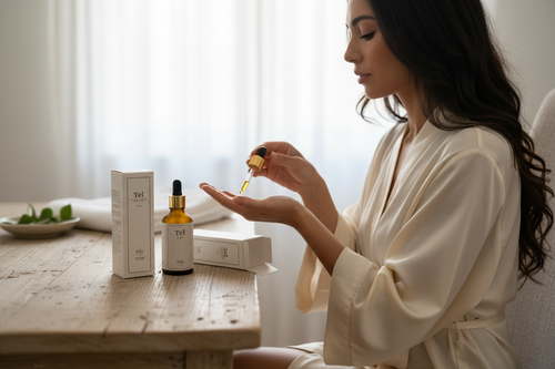 Woman applying a KiKi London Tel from a dropper bottle to her hand, with Tel products on a table.
