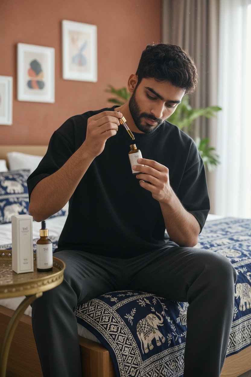 Man sitting on a bed holding a dropper bottle with a brown background