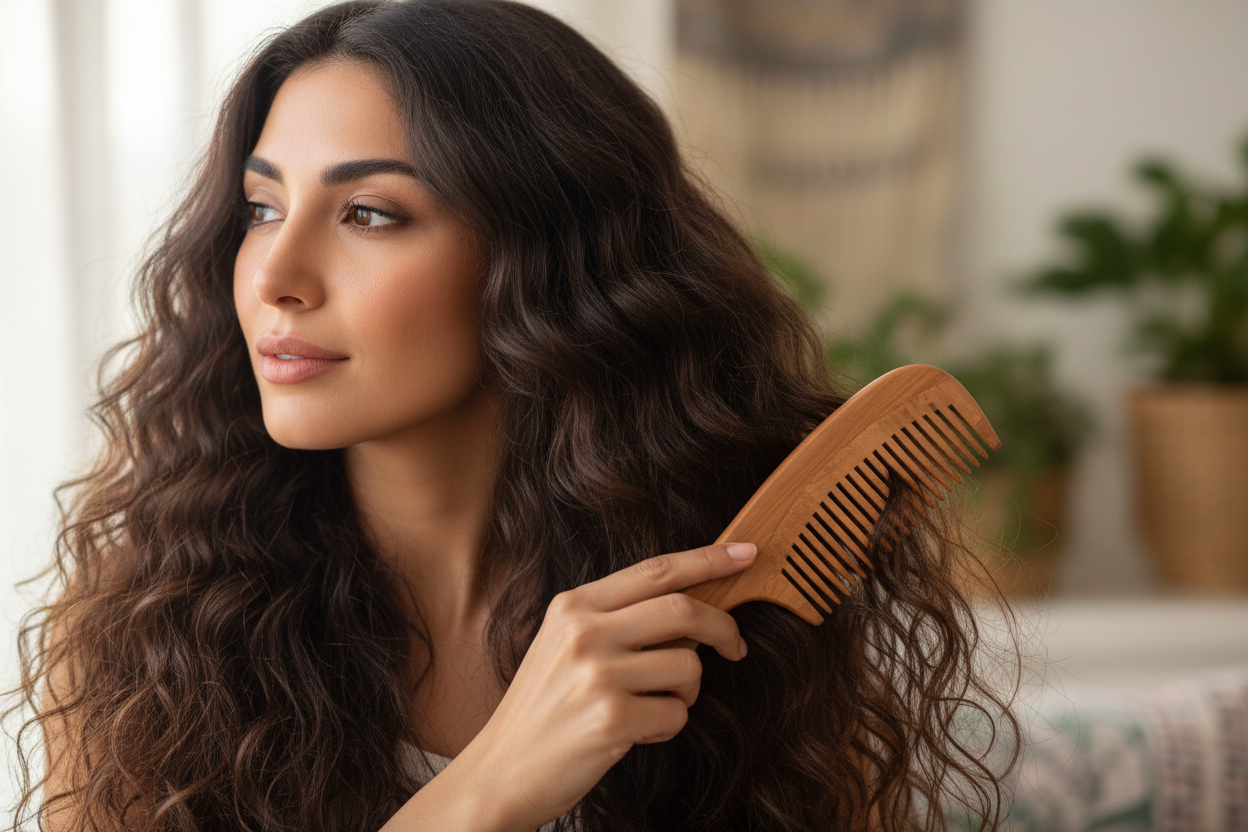 a beautiful middle eastern woman with very thick hair combing through it with a neem wood comb