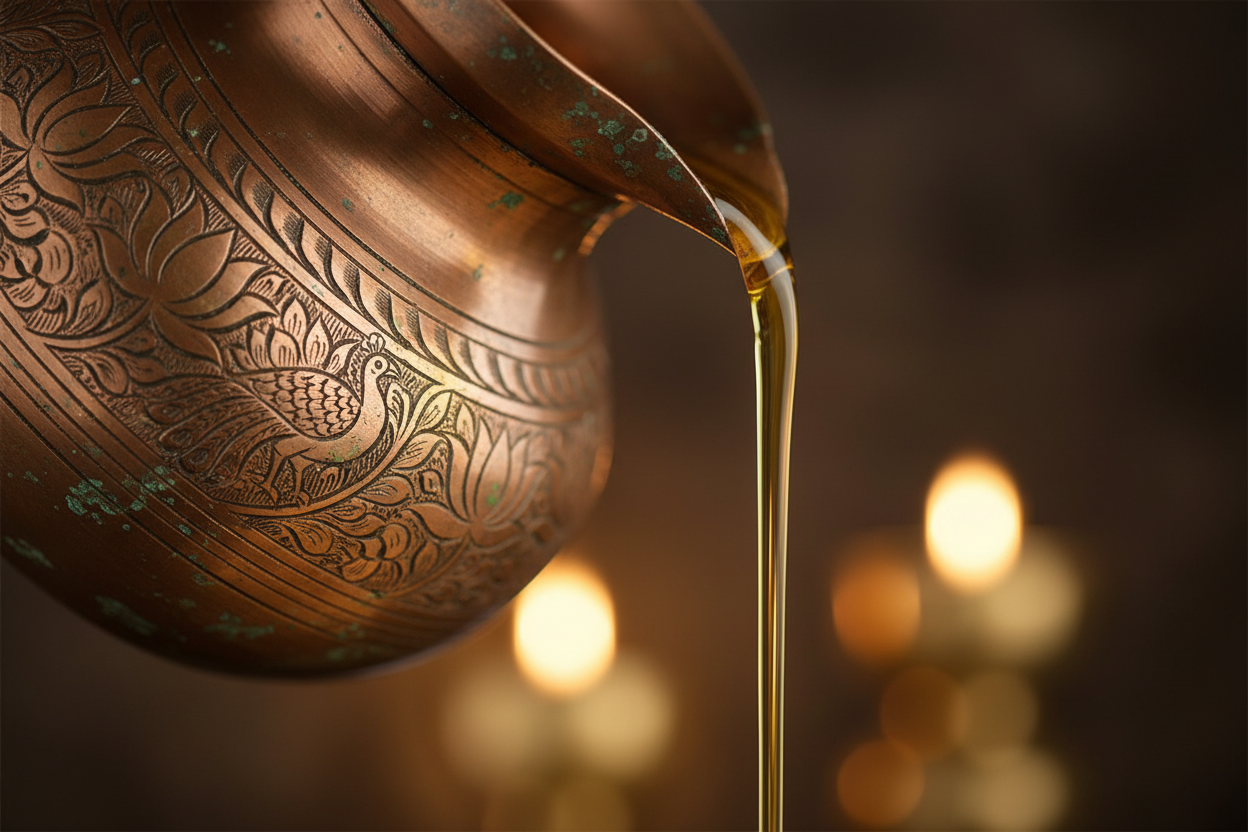 closeup of oils pouring out of indian copper