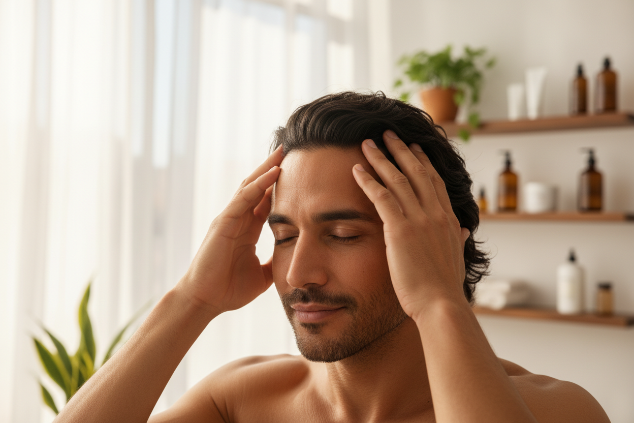 just have one man massaging his own scalp. make him more middle eastern
