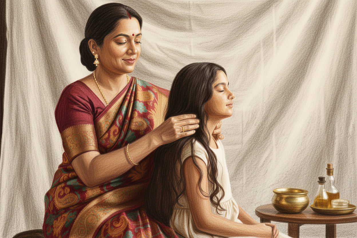 Woman in traditional attire massaging another woman's head with a bowl and bottles on a table.